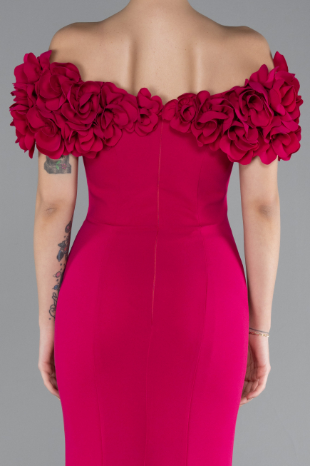 Fuchsia Boat Neck Slit Long Evening Dress ABU4080