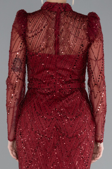 Burgundy Long Sleeve High Collar Stoned Evening Gown ABU4526