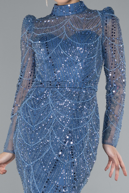 Indigo Long Sleeve High Collar Stoned Evening Gown ABU4526
