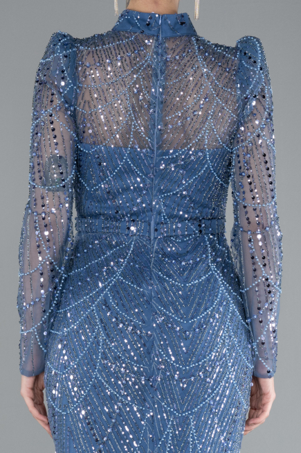 Indigo Long Sleeve High Collar Stoned Evening Gown ABU4526