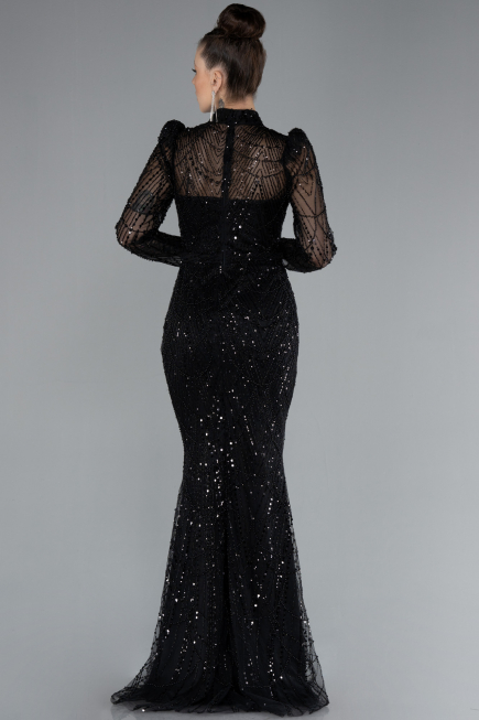Black Long Sleeve High Collar Stoned Evening Gown ABU4526