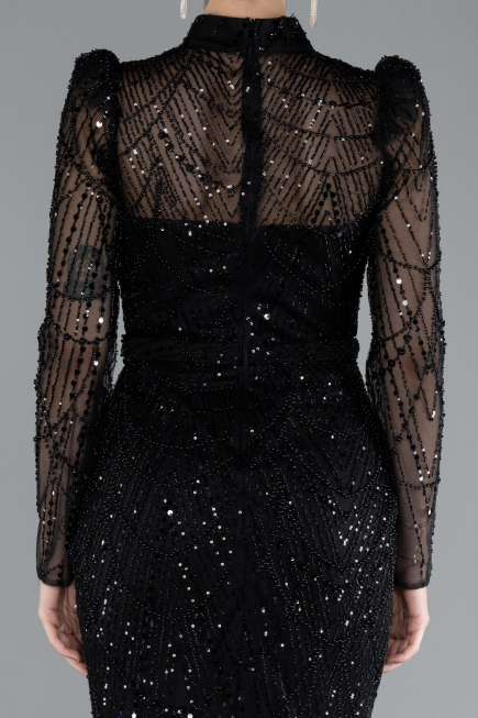 Black Long Sleeve High Collar Stoned Evening Gown ABU4526