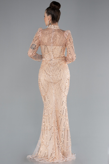 Salmon Long Sleeve High Collar Stoned Evening Gown ABU4526