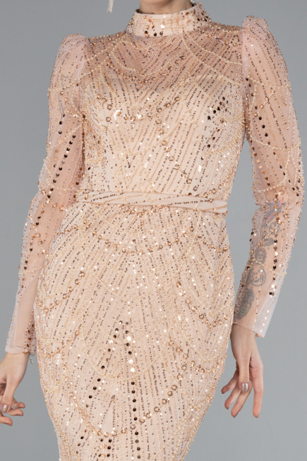 Salmon Long Sleeve High Collar Stoned Evening Gown ABU4526