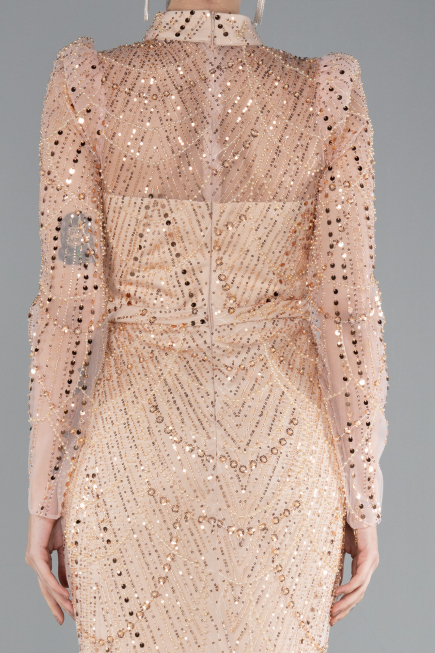 Salmon Long Sleeve High Collar Stoned Evening Gown ABU4526