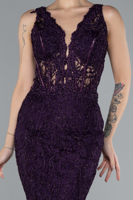 Dark Purple Sleeveless Laced Long Mermaid Prom Gown ABU4493