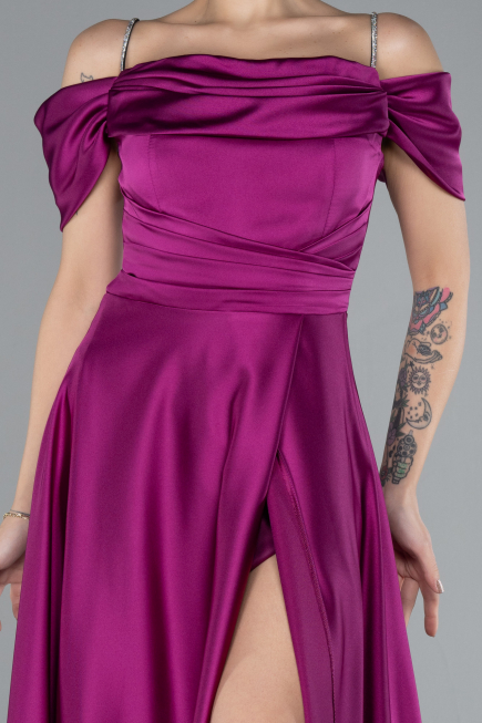 Fuchsia Slit Long Satin Prom Gown ABU4531