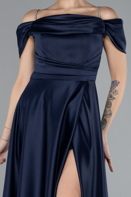 Navy Blue Slit Long Satin Prom Gown ABU4531