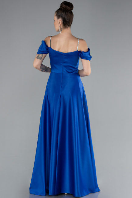 Sax Blue Slit Long Satin Prom Gown ABU4531