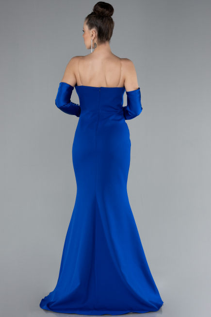 Sax Blue Strapless Sleeve Accessories Long Mermaid Prom Dress ABU4398