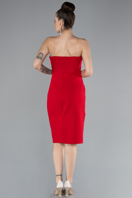 Red Strapless Stone Midi Cocktail Dress ABK2211
