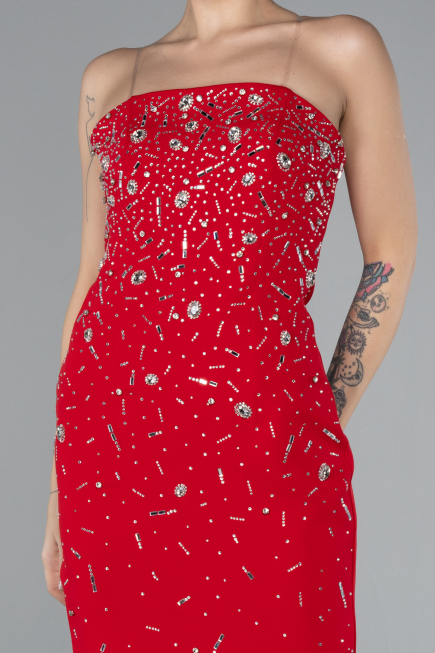 Red Strapless Stone Midi Cocktail Dress ABK2211
