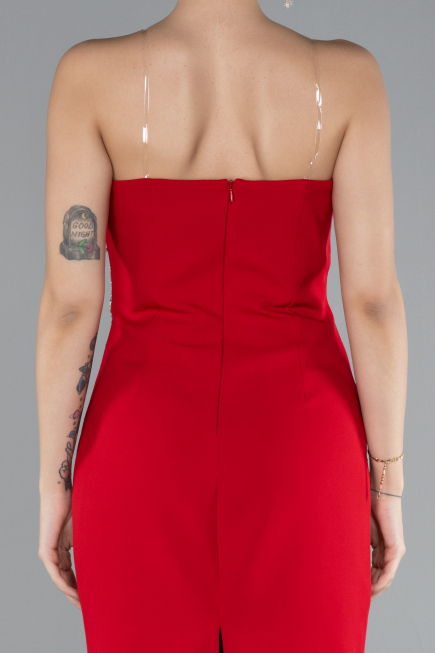 Red Strapless Stone Midi Cocktail Dress ABK2211