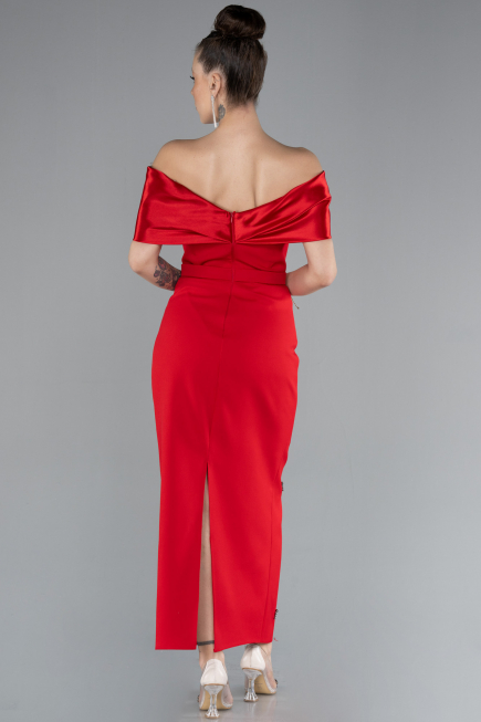 Red Satin Boat Neck Stone Midi Evening Dress ABK2212