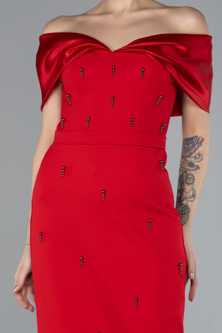 Red Satin Boat Neck Stone Midi Evening Dress ABK2212