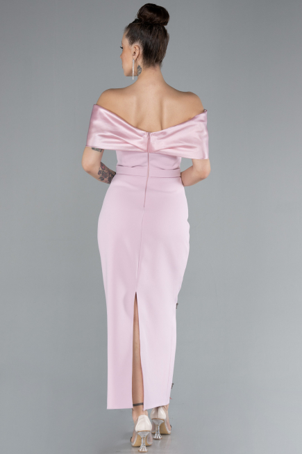 Powder Color Satin Boat Neck Stone Midi Evening Dress ABK2212