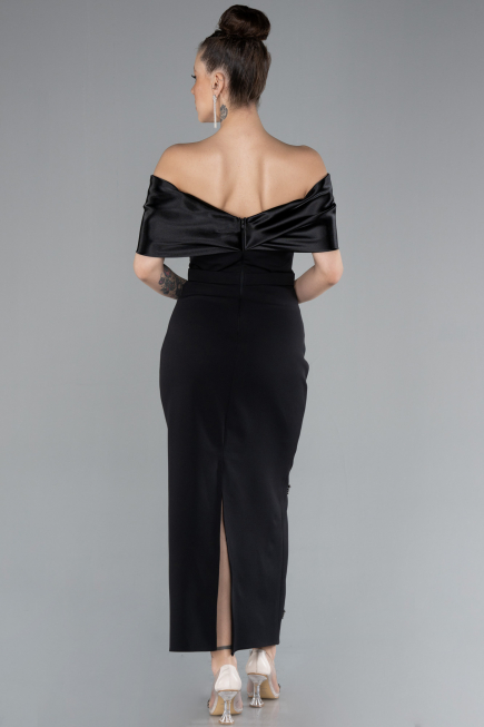 Black Satin Boat Neck Stone Midi Evening Dress ABK2212