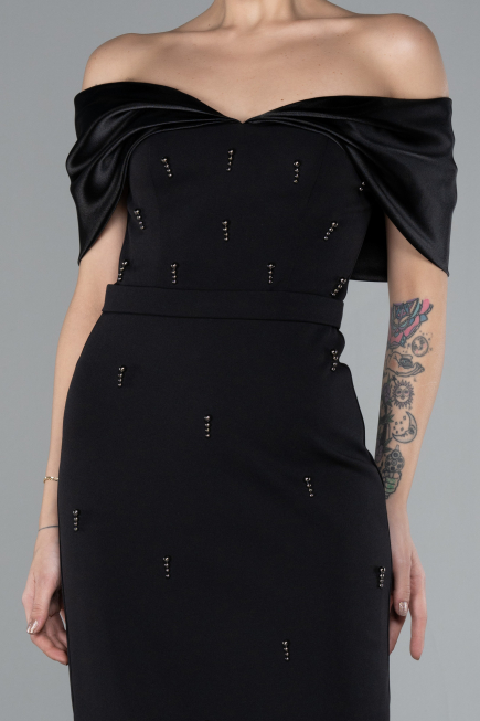 Black Satin Boat Neck Stone Midi Evening Dress ABK2212