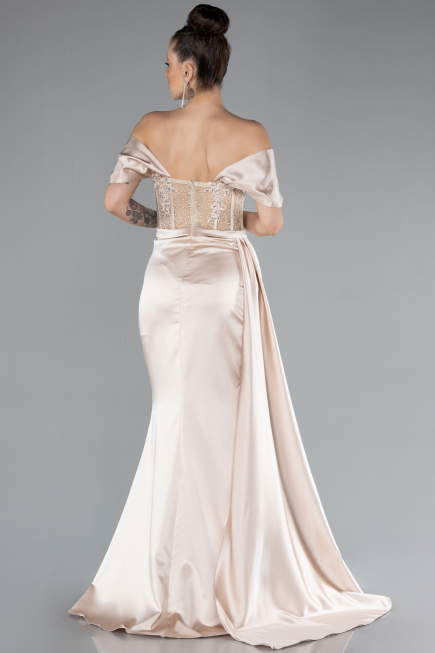 Beige Long Satin Evening Dress ABU4424