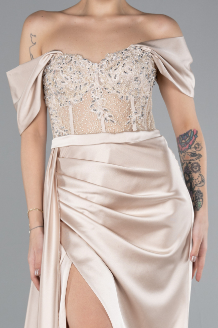 Beige Long Satin Evening Dress ABU4424