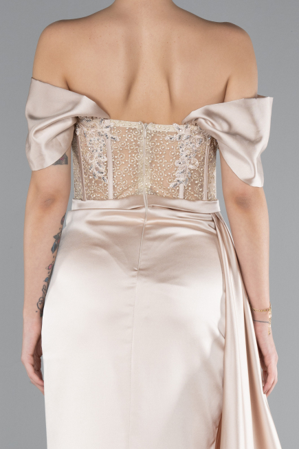 Beige Long Satin Evening Dress ABU4424
