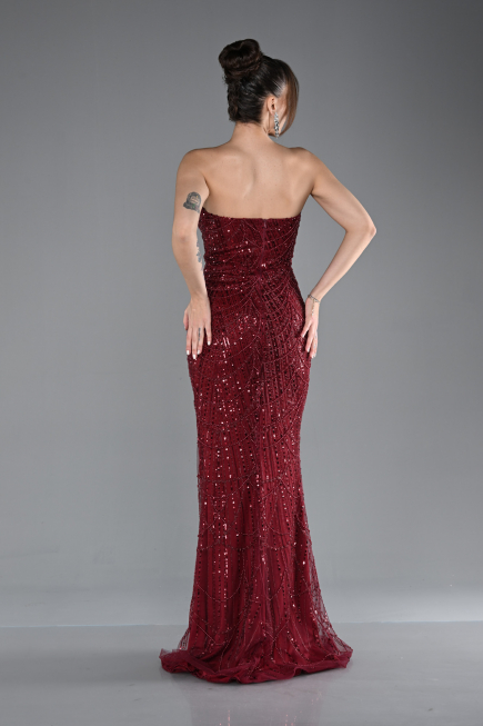 Burgundy Strapless Shawl Stoned Long Evening Gown ABU4517