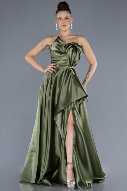 Long Olive Drab Satin Evening Dress ABU4561