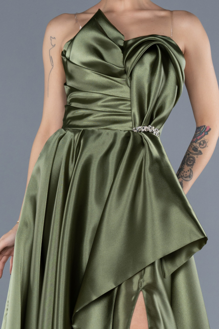 Long Olive Drab Satin Evening Dress ABU4561