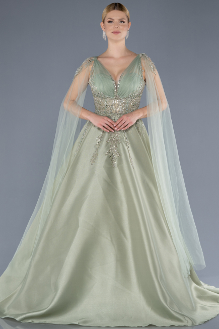 Mint Sleeveless Stoned Long Haute Couture Dress ABU4432