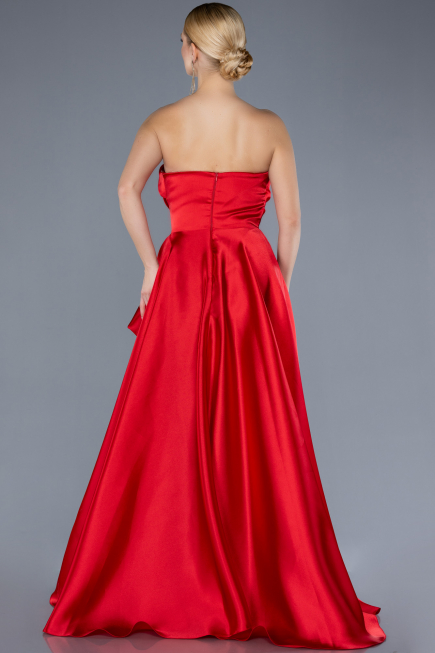 Red Strapless Slit Long Satin Prom Dress ABU4561