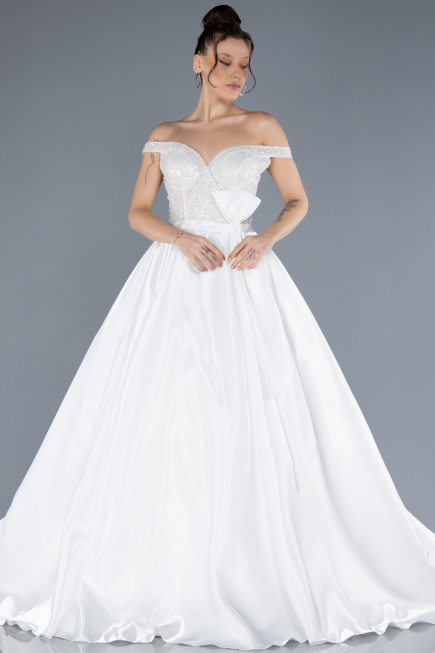 White Pearled Boat Neck Long Satin Wedding Dress ABU4578