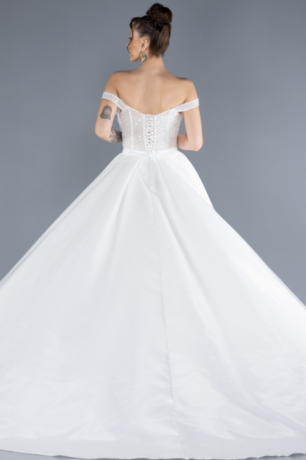 White Pearled Boat Neck Long Satin Wedding Dress ABU4578
