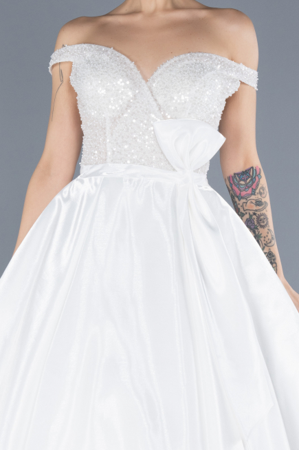 White Pearled Boat Neck Long Satin Wedding Dress ABU4578