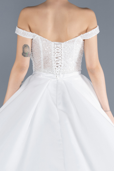 White Pearled Boat Neck Long Satin Wedding Dress ABU4578