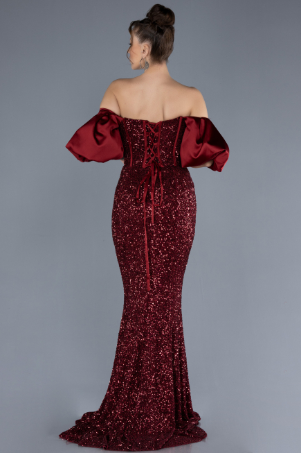 Burgundy Strapless Sleeve Accessories Long Scaly Evening Gown ABU4308