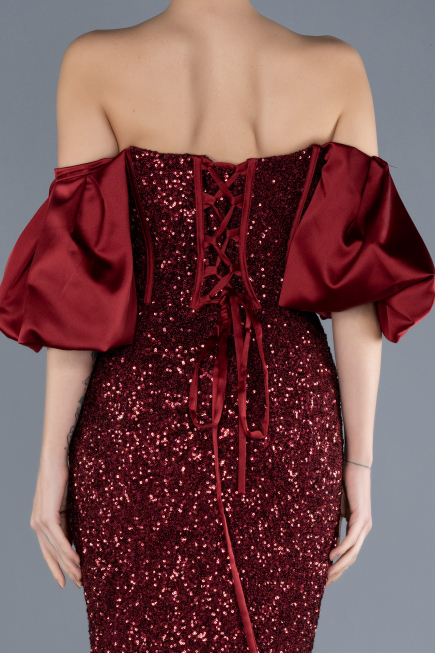 Burgundy Strapless Sleeve Accessories Long Scaly Evening Gown ABU4308