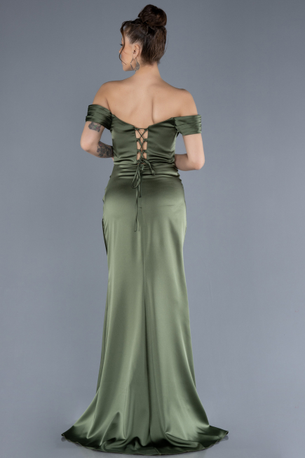 Olive Drab Boat Neck Slit Satin Long Prom Gown ABU4582