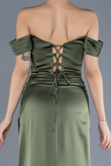 Olive Drab Boat Neck Slit Satin Long Prom Gown ABU4582