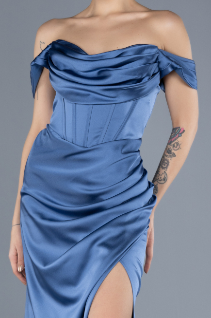 Indigo Boat Neck Slit Satin Long Prom Gown ABU4582