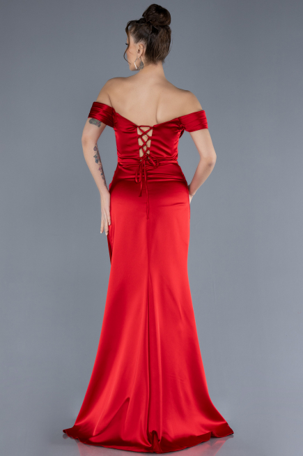 Red Boat Neck Slit Satin Long Prom Gown ABU4582