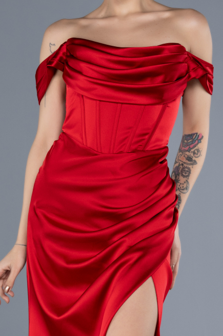 Red Boat Neck Slit Satin Long Prom Gown ABU4582