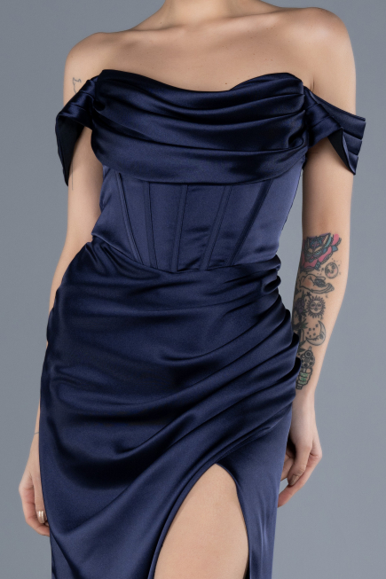 Navy Blue Boat Neck Slit Satin Long Prom Gown ABU4582