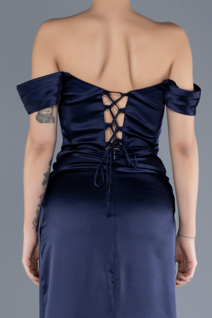 Navy Blue Boat Neck Slit Satin Long Prom Gown ABU4582