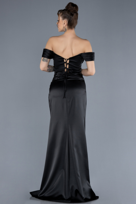 Black Boat Neck Slit Satin Long Prom Gown ABU4582