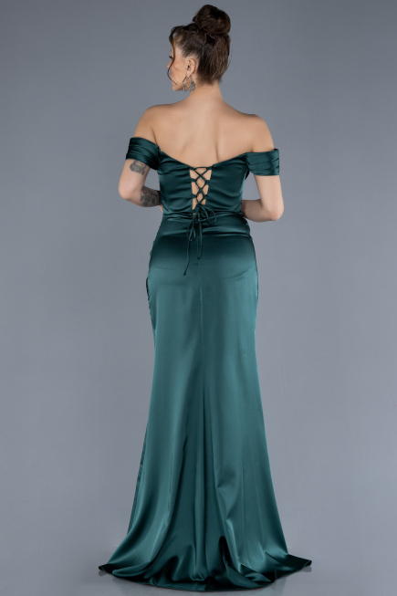Emerald Green Boat Neck Slit Satin Long Prom Gown ABU4582