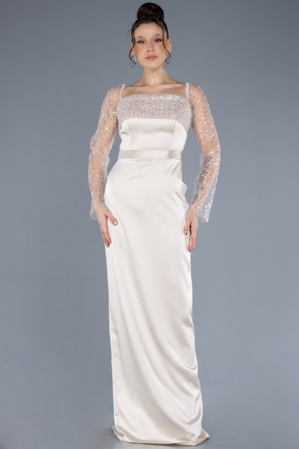 Beige Scaly Long Sleeve Satin Tail Evening Gown ABU4583