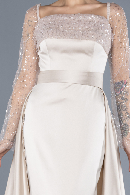 Beige Scaly Long Sleeve Satin Tail Evening Gown ABU4583