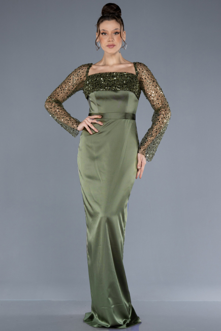 Olive Drab Scaly Long Sleeve Satin Tail Evening Gown ABU4583