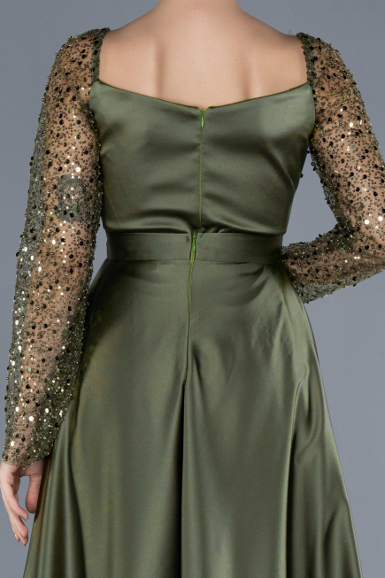 Olive Drab Scaly Long Sleeve Satin Tail Evening Gown ABU4583