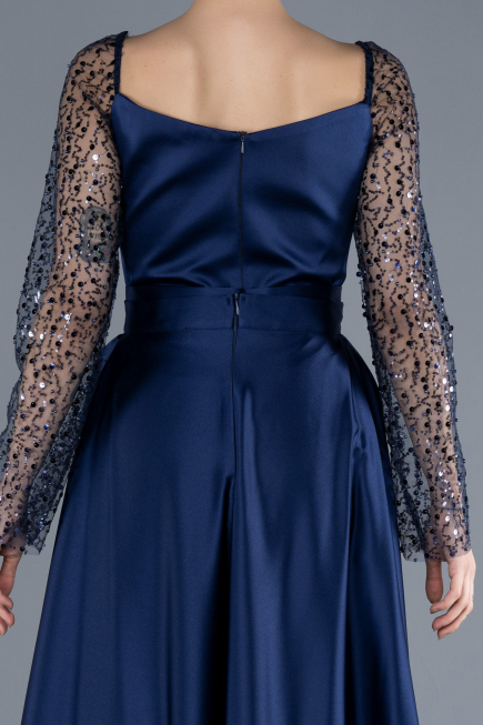 Navy Blue Scaly Long Sleeve Satin Tail Evening Gown ABU4583